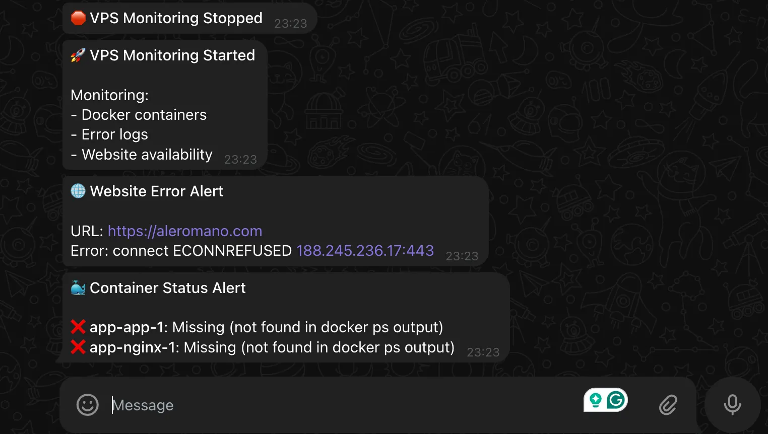 Telegram alerts after stopping Docker containers