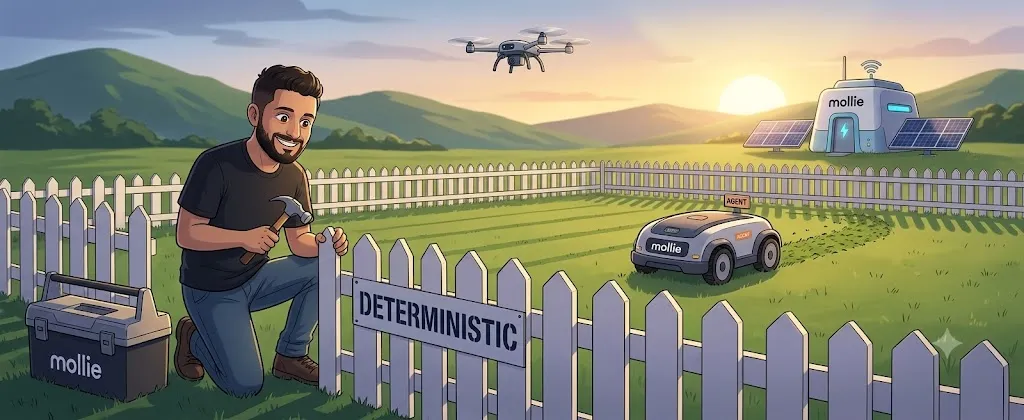 Me building a picket fence labelled 'DETERMINISTIC' to pen in an autonomous 'AGENT' robot roaming the field