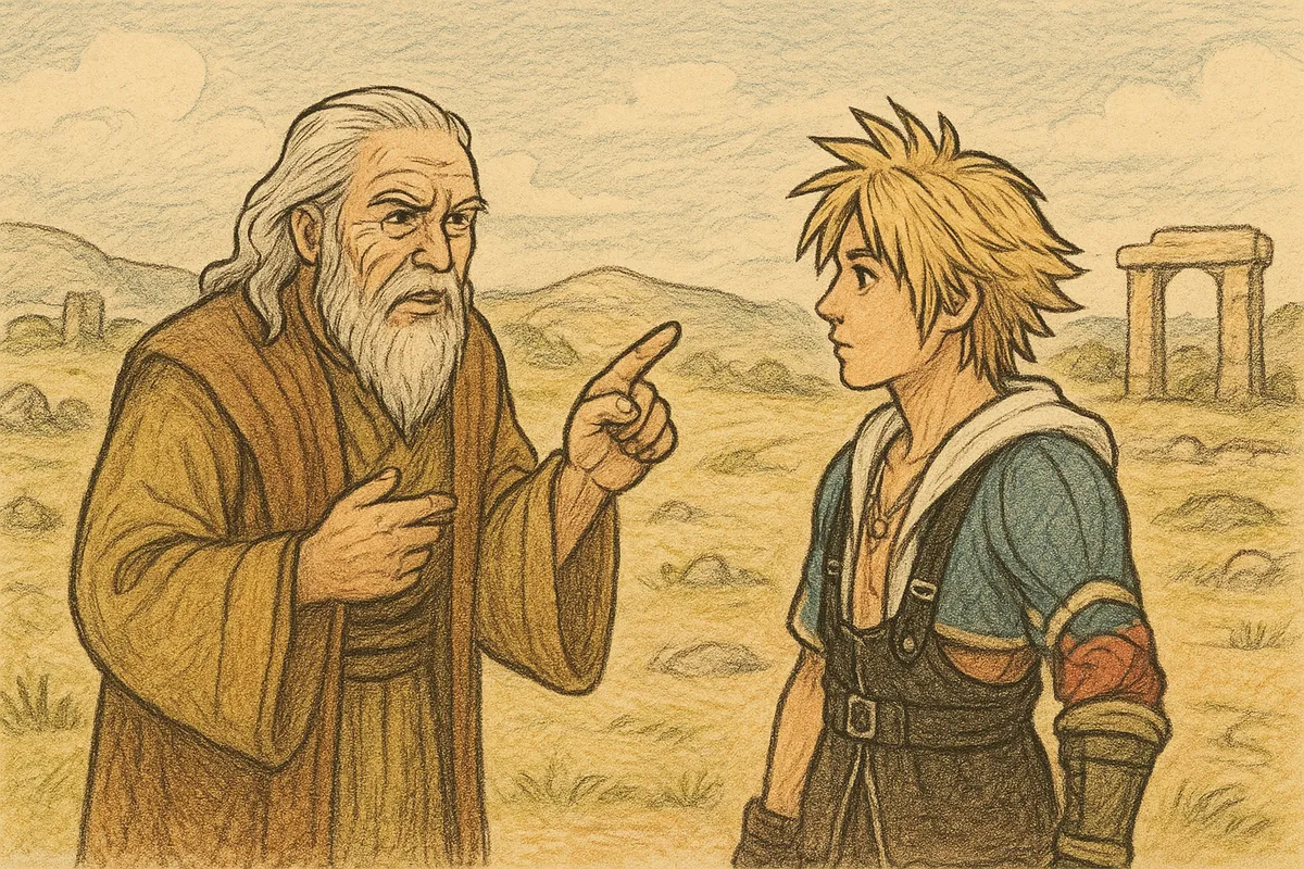 Maechen explaining things to Tidus