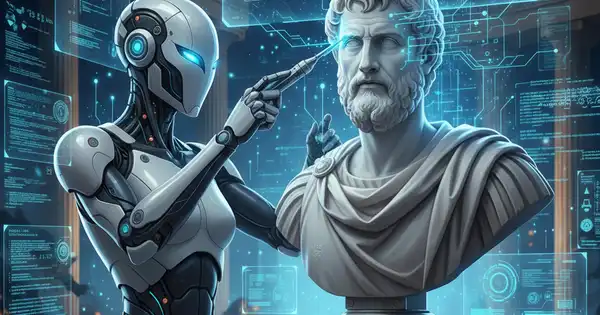 An AI-powered robot sculpting a bust of Seneca