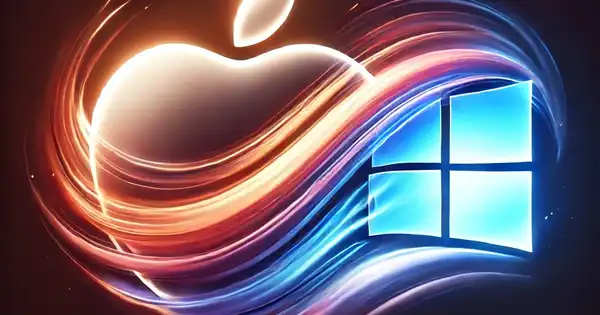 Apple logo morphing into Windows logo